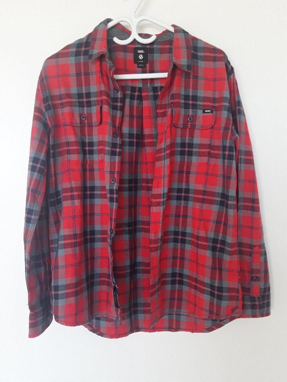 Vans Men’s Flannel Shirt – Red Black Grey Plaid – Size XL Long Sleeve Button‑Up